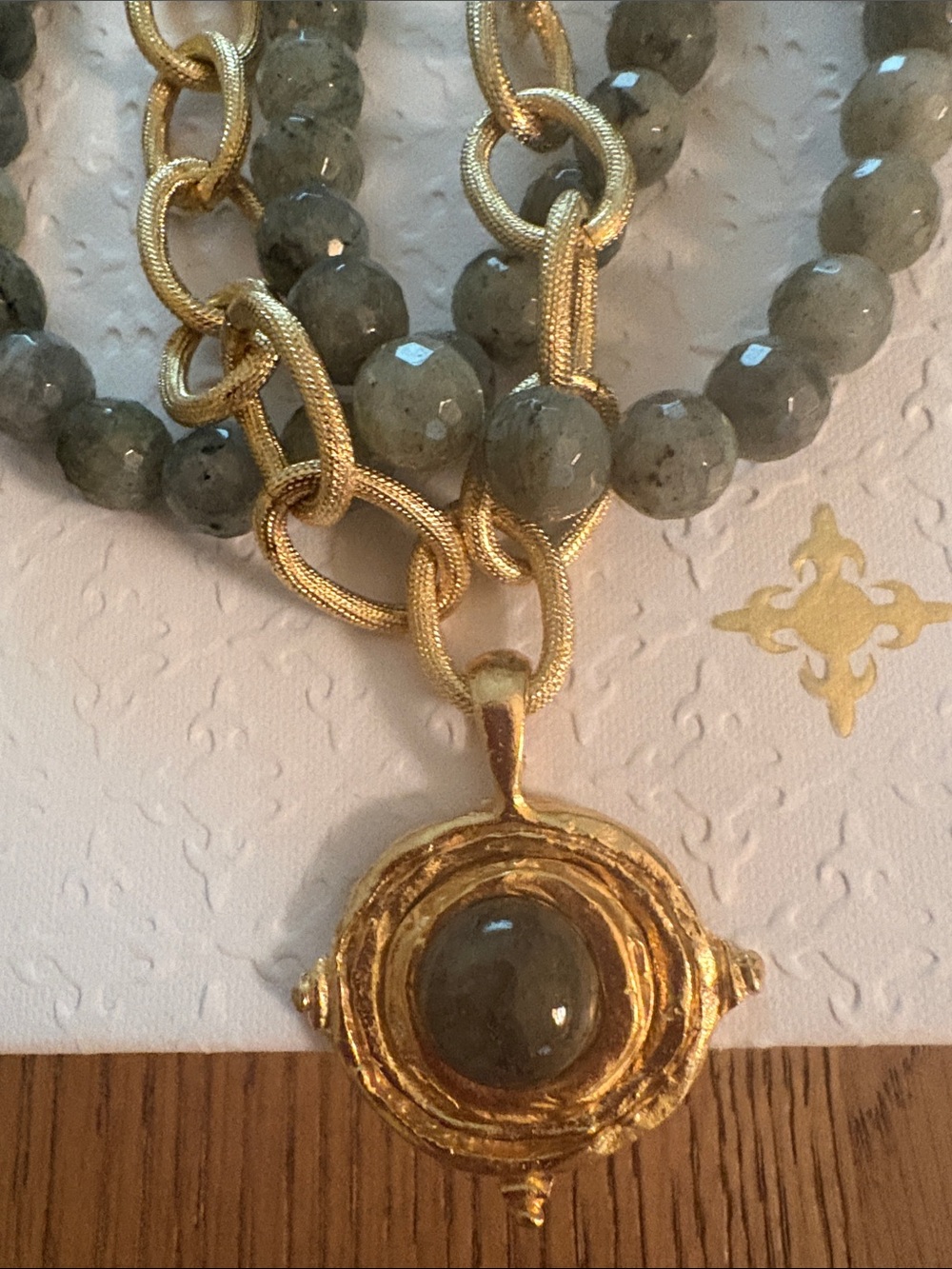 NIBWT Susan Shaw Gray Labradorite and Gold Statement Triple Layer Necklace